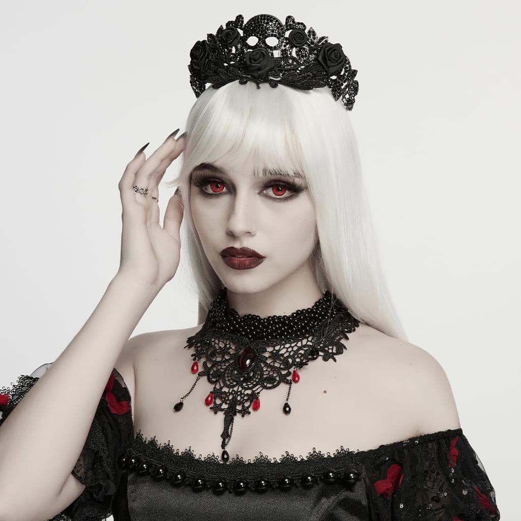 PUNK RAVE Women's Gothic Beaded Lace Choker Black-Red
