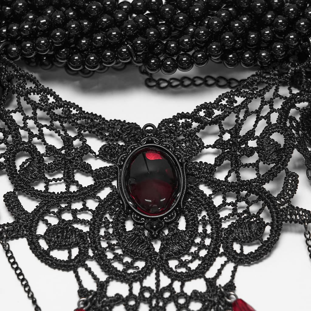 PUNK RAVE Women's Gothic Beaded Lace Choker Black-Red