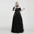 PUNK RAVE Women's Gothic Beaded Rose Square-cut Collar Puff Sleeve Maxi Dress Black