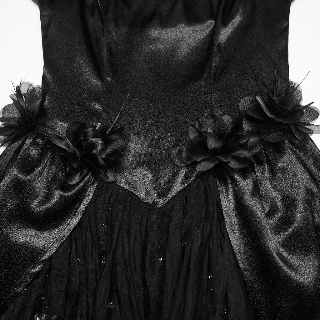 PUNK RAVE Women's Gothic Beaded Rose Square-cut Collar Puff Sleeve Maxi Dress Black