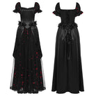 PUNK RAVE Women's Gothic Beaded Rose Square-cut Collar Puff Sleeve Maxi Dress Black-Red