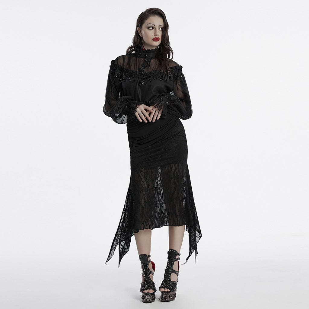 PUNK RAVE Women's Gothic Beaded Ruffled Sheer Mesh Shirt