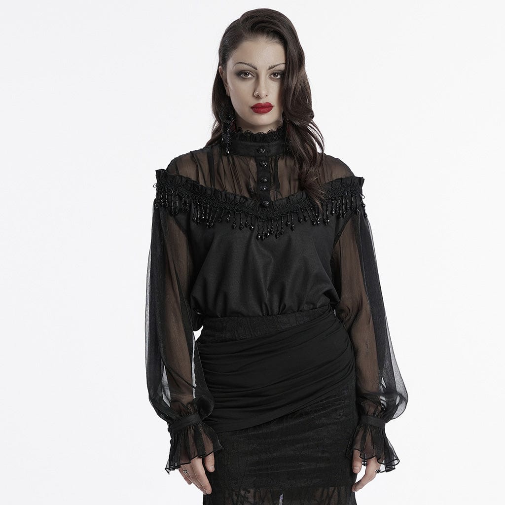 PUNK RAVE Women's Gothic Beaded Ruffled Sheer Mesh Shirt