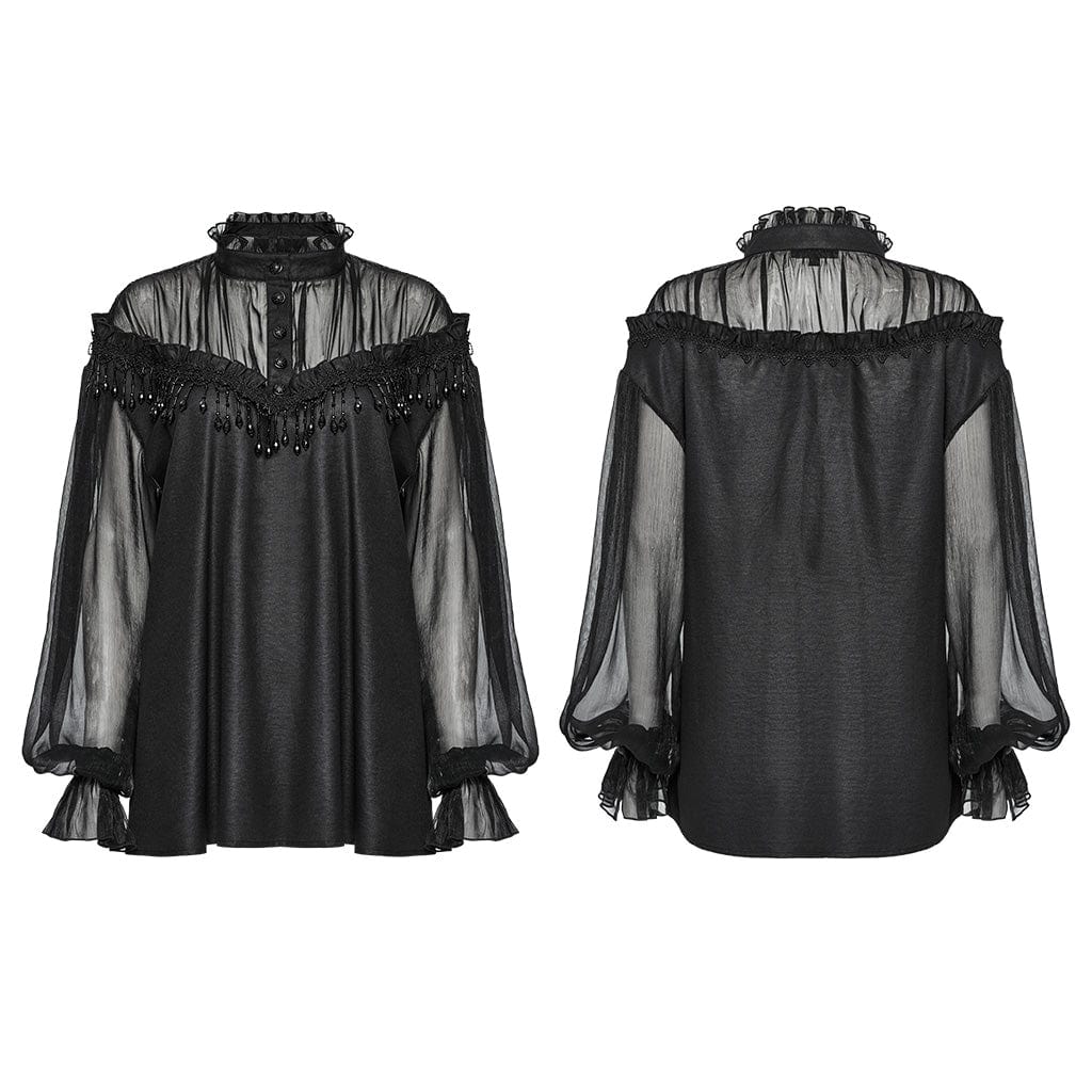 PUNK RAVE Women's Gothic Beaded Ruffled Sheer Mesh Shirt