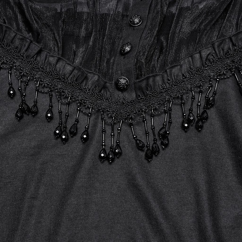 PUNK RAVE Women's Gothic Beaded Ruffled Sheer Mesh Shirt