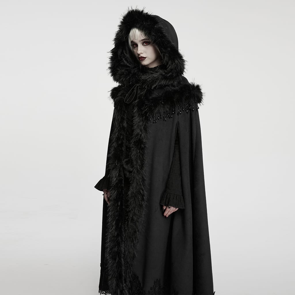 PUNK RAVE Women's Gothic Beaded Tassel Faux Fur Trim Hooded Cloak