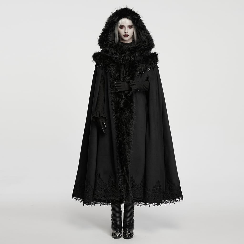PUNK RAVE Women's Gothic Beaded Tassel Faux Fur Trim Hooded Cloak