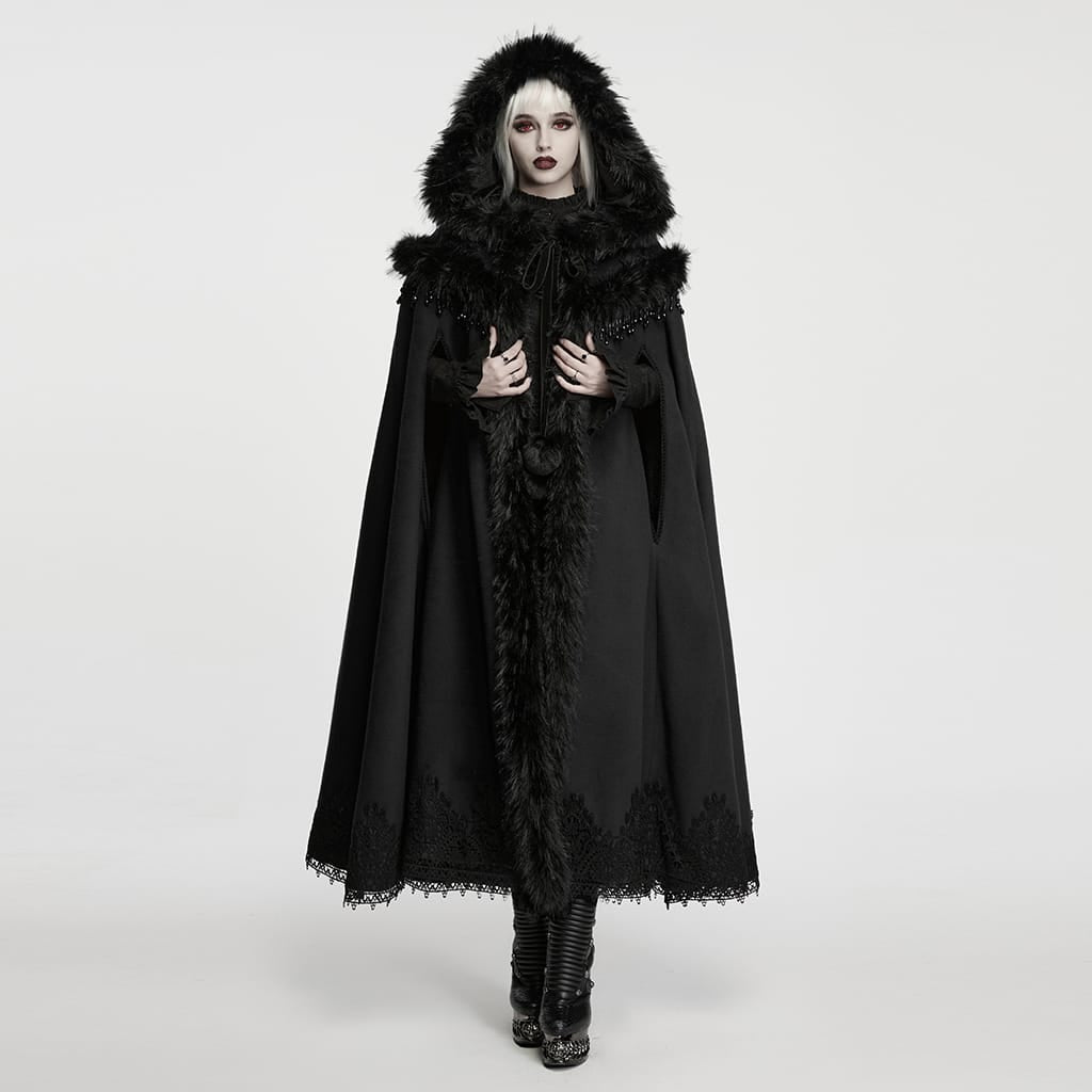 PUNK RAVE Women's Gothic Beaded Tassel Faux Fur Trim Hooded Cloak