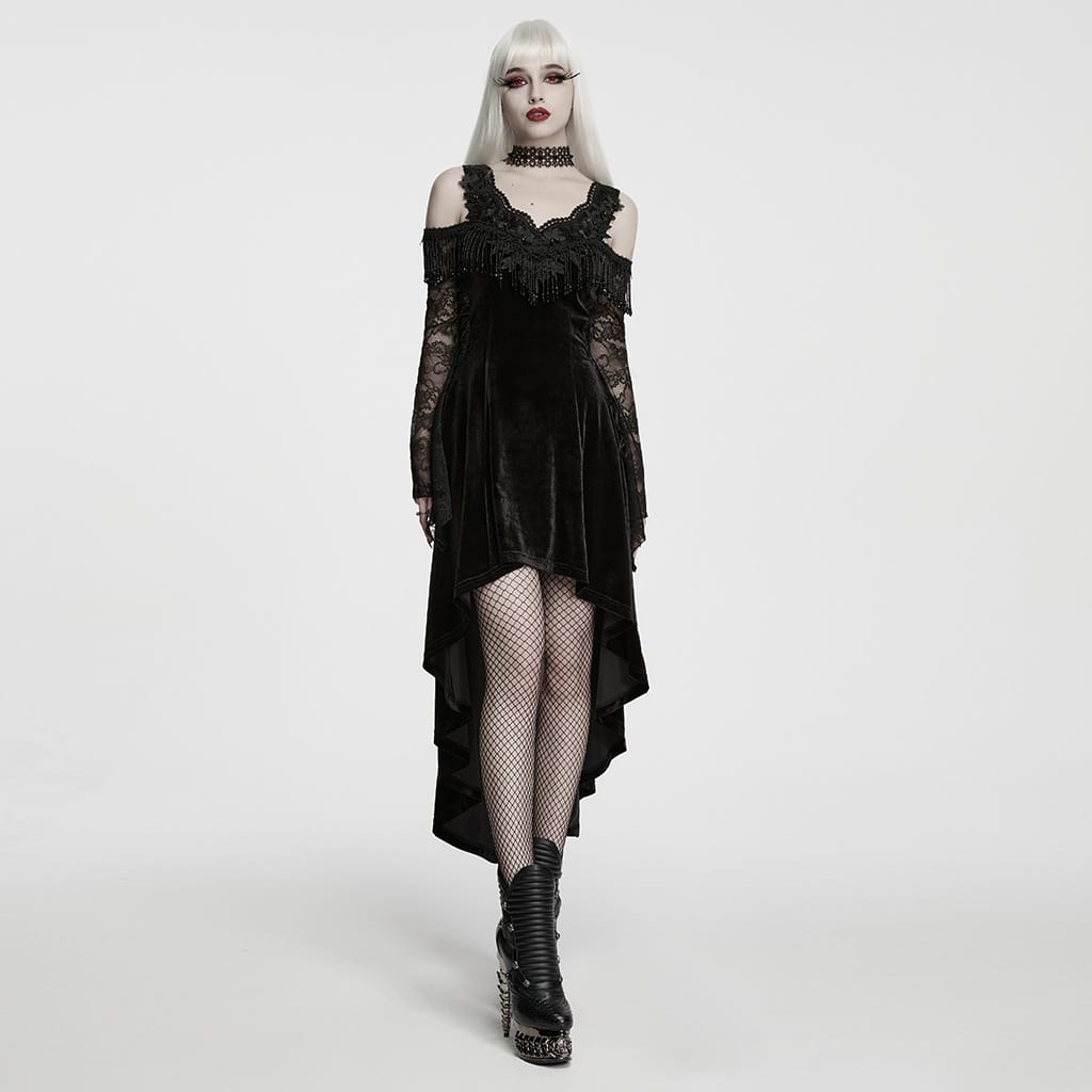 PUNK RAVE Women's Gothic Beaded Tassel Off Shoulder Irregular Hem Dress