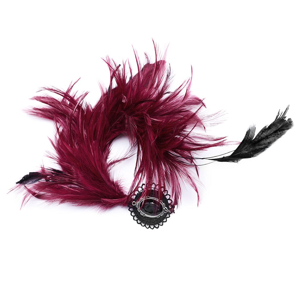 PUNK RAVE Women's Gothic Black Crystal Feather Headwear Red