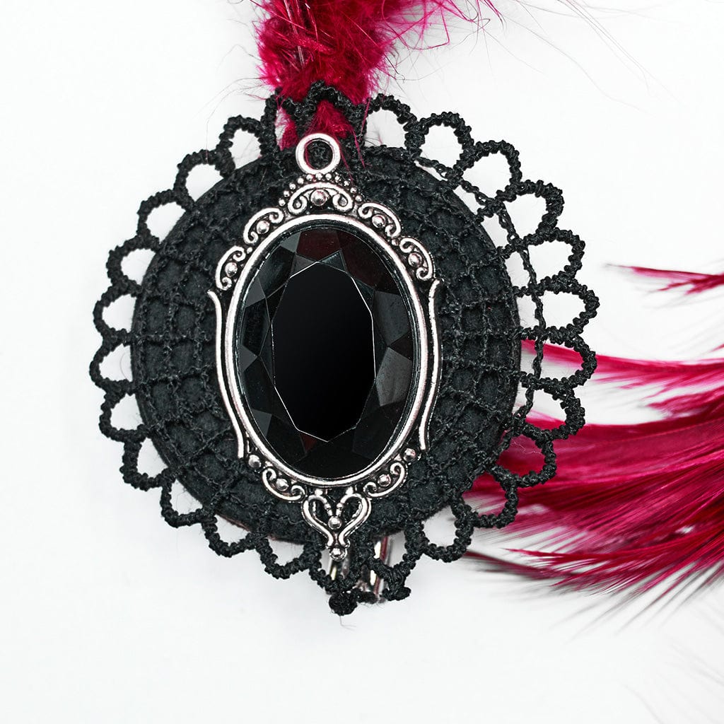 PUNK RAVE Women's Gothic Black Crystal Feather Headwear Red