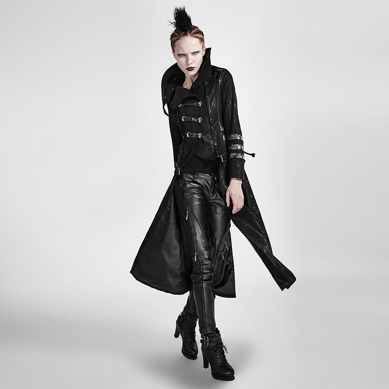 PUNK RAVE Women's Gothic Black Stretch Twill Fabric Chef Faux Leather Coat