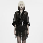 PUNK RAVE Women's Gothic Bowknot Patent Faux Leather Trim Mesh Kimono