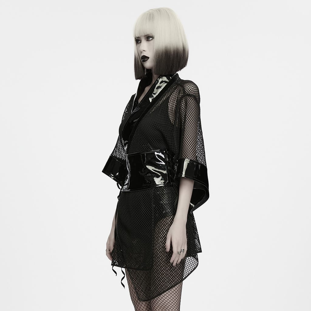 PUNK RAVE Women's Gothic Bowknot Patent Faux Leather Trim Mesh Kimono