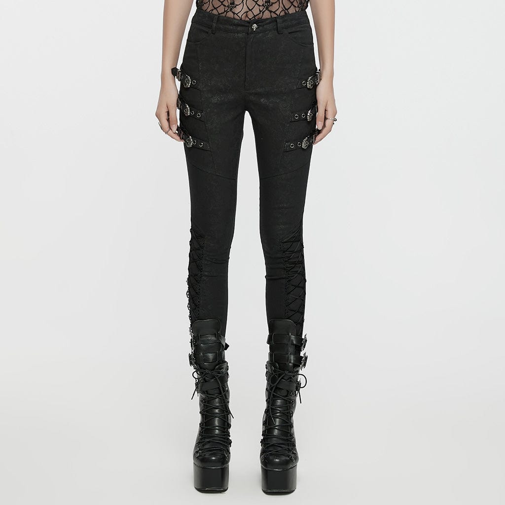 PUNK RAVE Women's Gothic Buckle Lace-up Pants