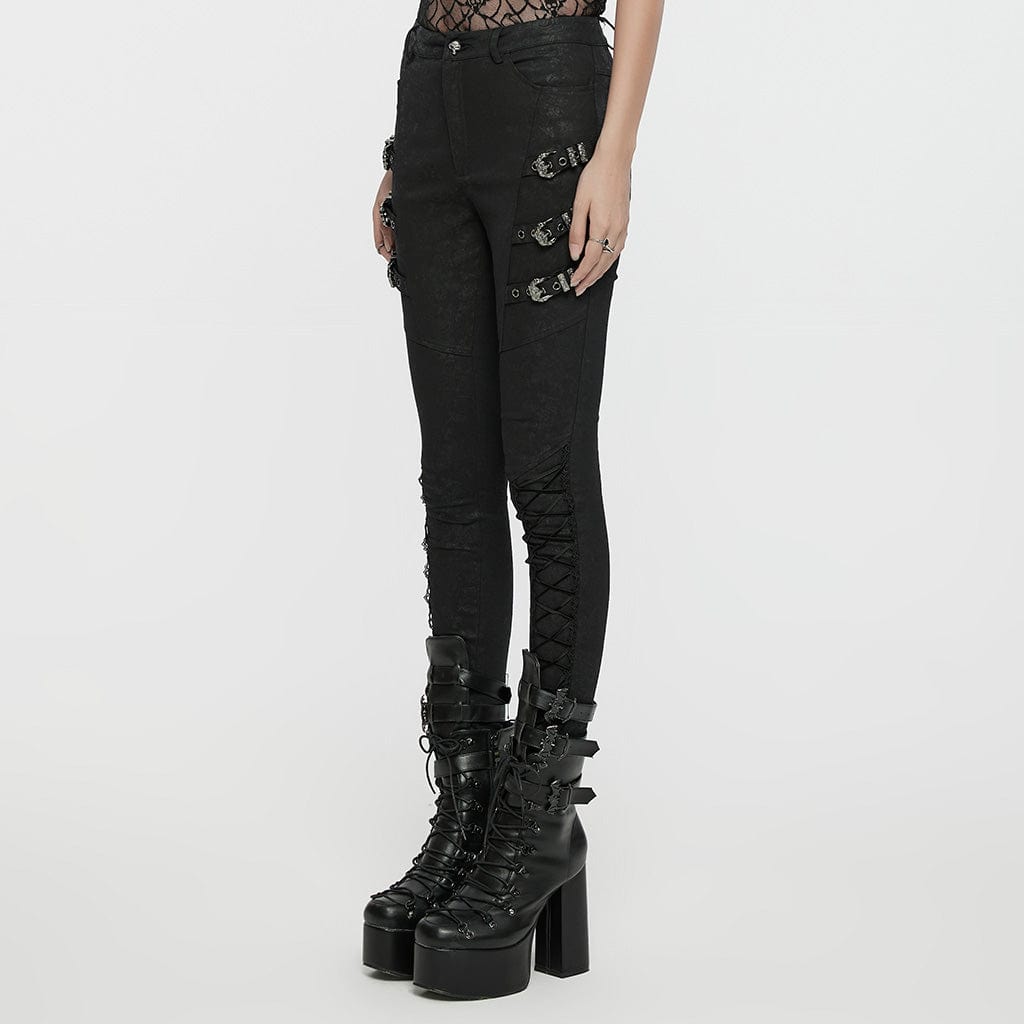 PUNK RAVE Women's Gothic Buckle Lace-up Pants