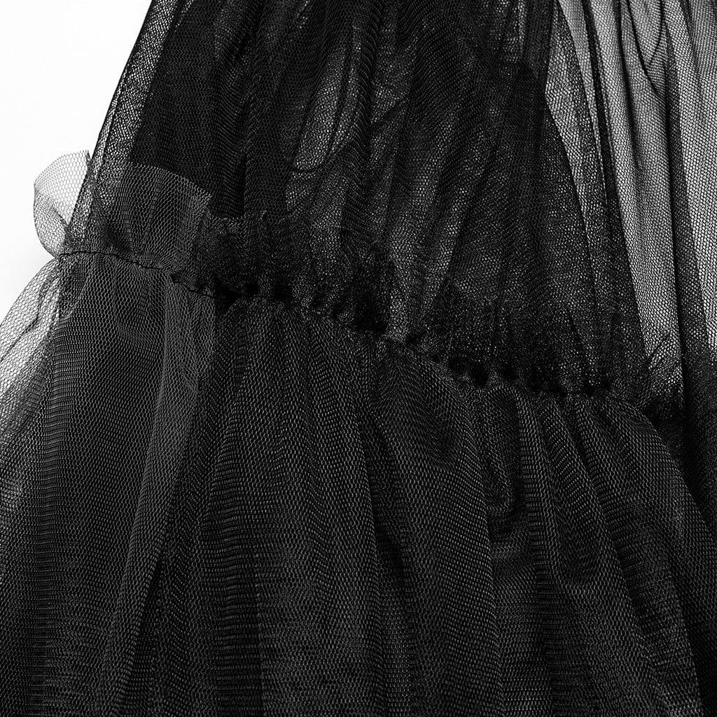 PUNK RAVE Women's Gothic Buckle Ruffled Mesh Long Over Skirt Black