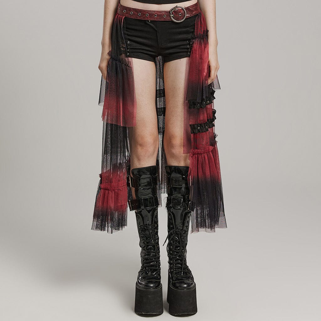 PUNK RAVE Women's Gothic Buckle Ruffled Mesh Long Over Skirt Black-Red