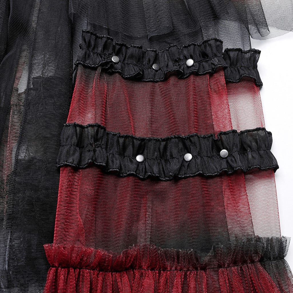PUNK RAVE Women's Gothic Buckle Ruffled Mesh Long Over Skirt Black-Red