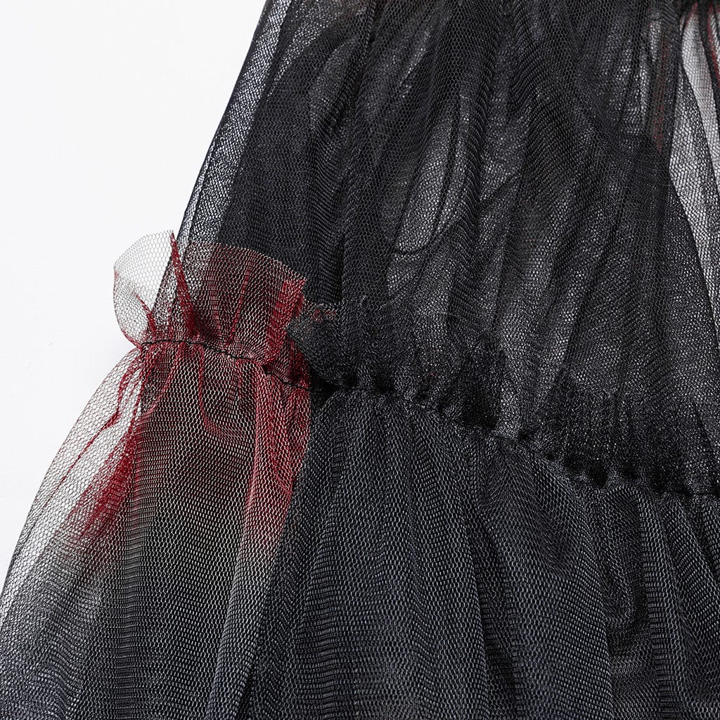 PUNK RAVE Women's Gothic Buckle Ruffled Mesh Long Over Skirt Black-Red