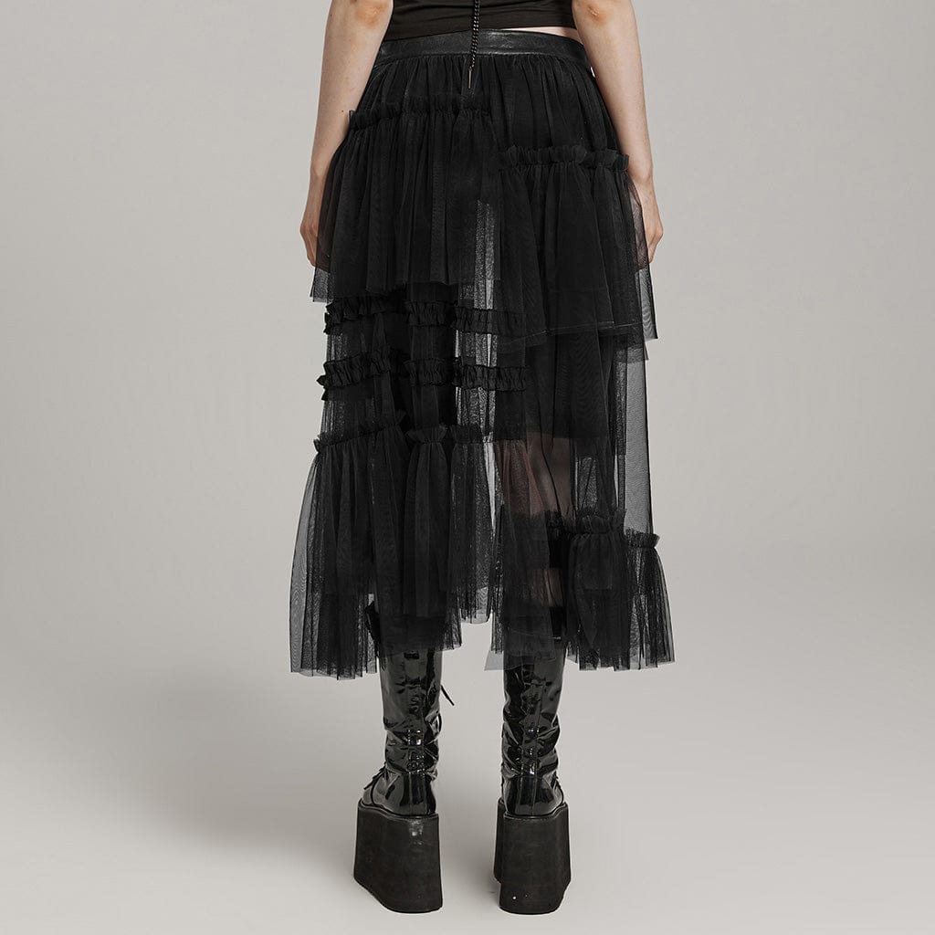 PUNK RAVE Women's Gothic Buckle Ruffled Mesh Long Overskirt Black