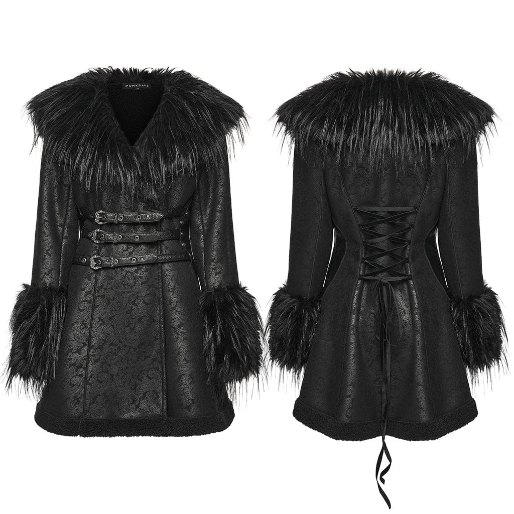 PUNK RAVE Women's Gothic Buckle Strap Turn-down Plush Collar Coat