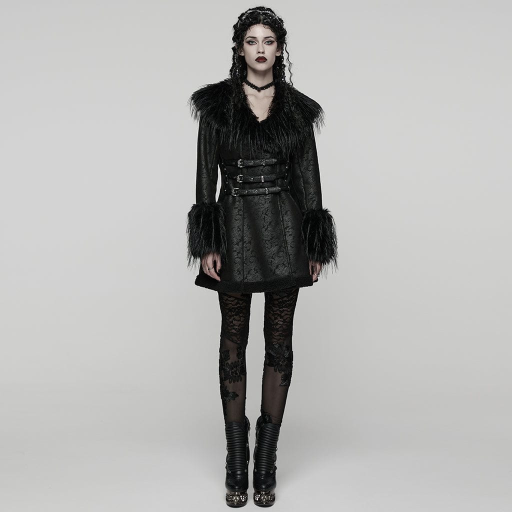 PUNK RAVE Women's Gothic Buckle Strap Turn-down Plush Collar Coat