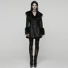 PUNK RAVE Women's Gothic Buckle Strap Turn-down Plush Collar Coat