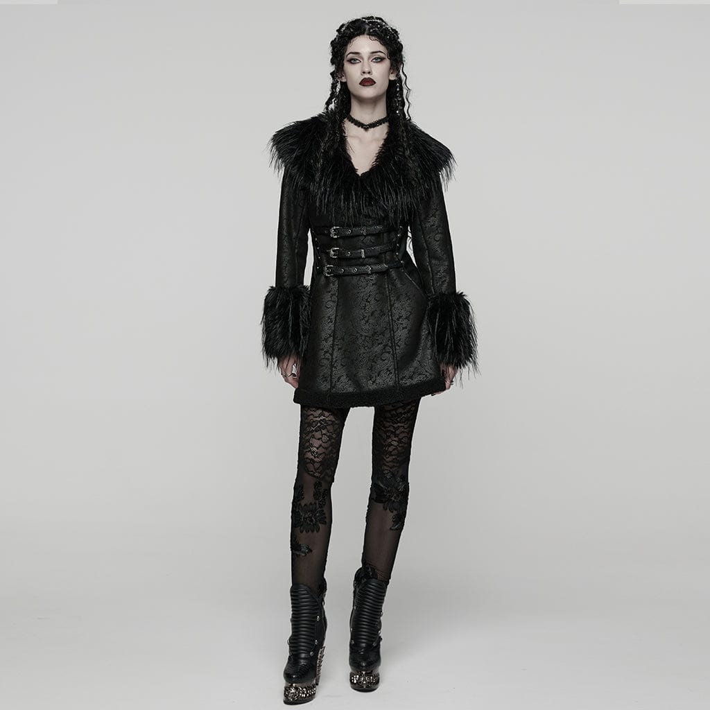 PUNK RAVE Women's Gothic Buckle Strap Turn-down Plush Collar Coat