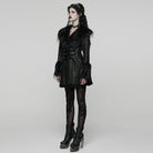 PUNK RAVE Women's Gothic Buckle Strap Turn-down Plush Collar Coat