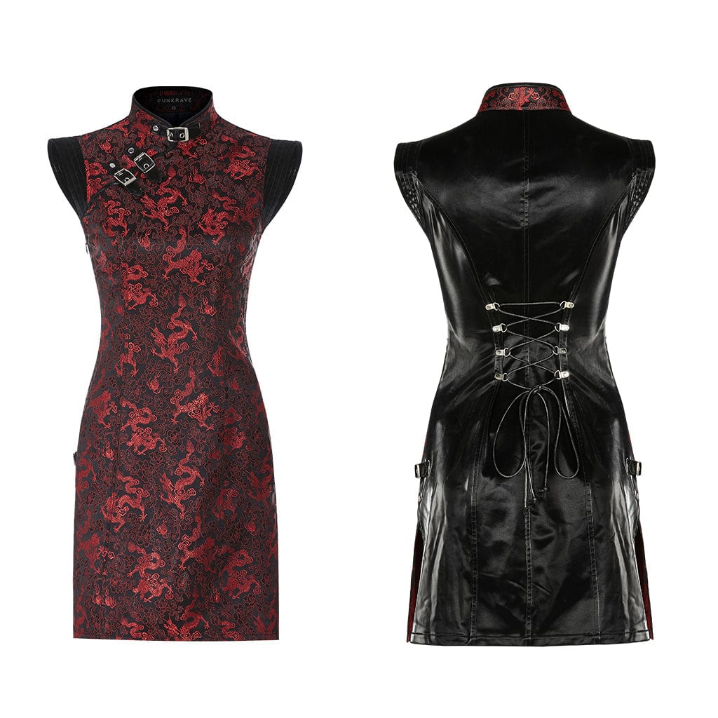 PUNK RAVE Women's Gothic Buckles Slim Fitted Cheongsam Dresses