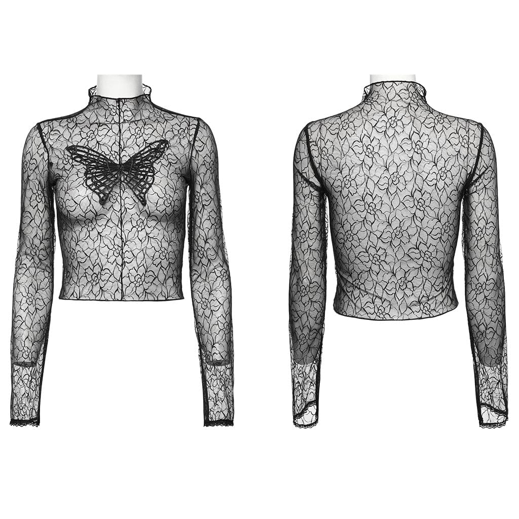 PUNK RAVE Women's Gothic Butterfly Embroidered Floral Mesh Top
