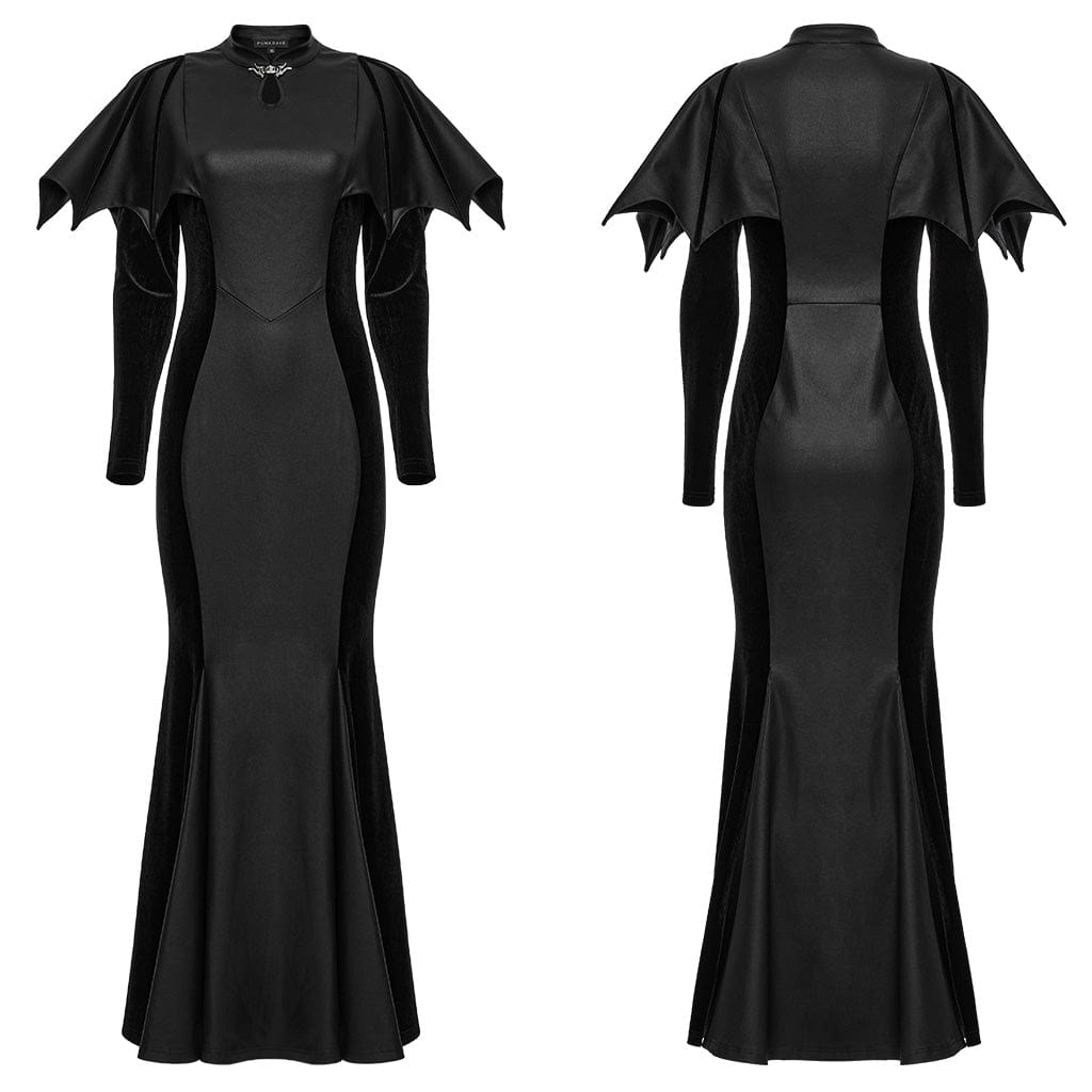 PUNK RAVE Women's Gothic Cheongsam Collar Batwing Fishtail Prom Dress