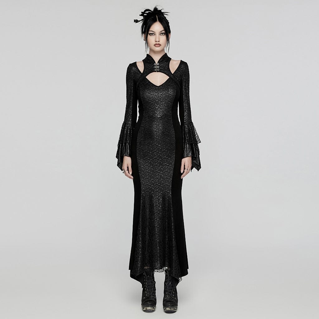 Women's Gothic Cheongsam Collar Fishtailed Gown Dress Black Punk Design Women's Gothic Cheongsam Collar Fishtailed Gown Dress Black Punk Design