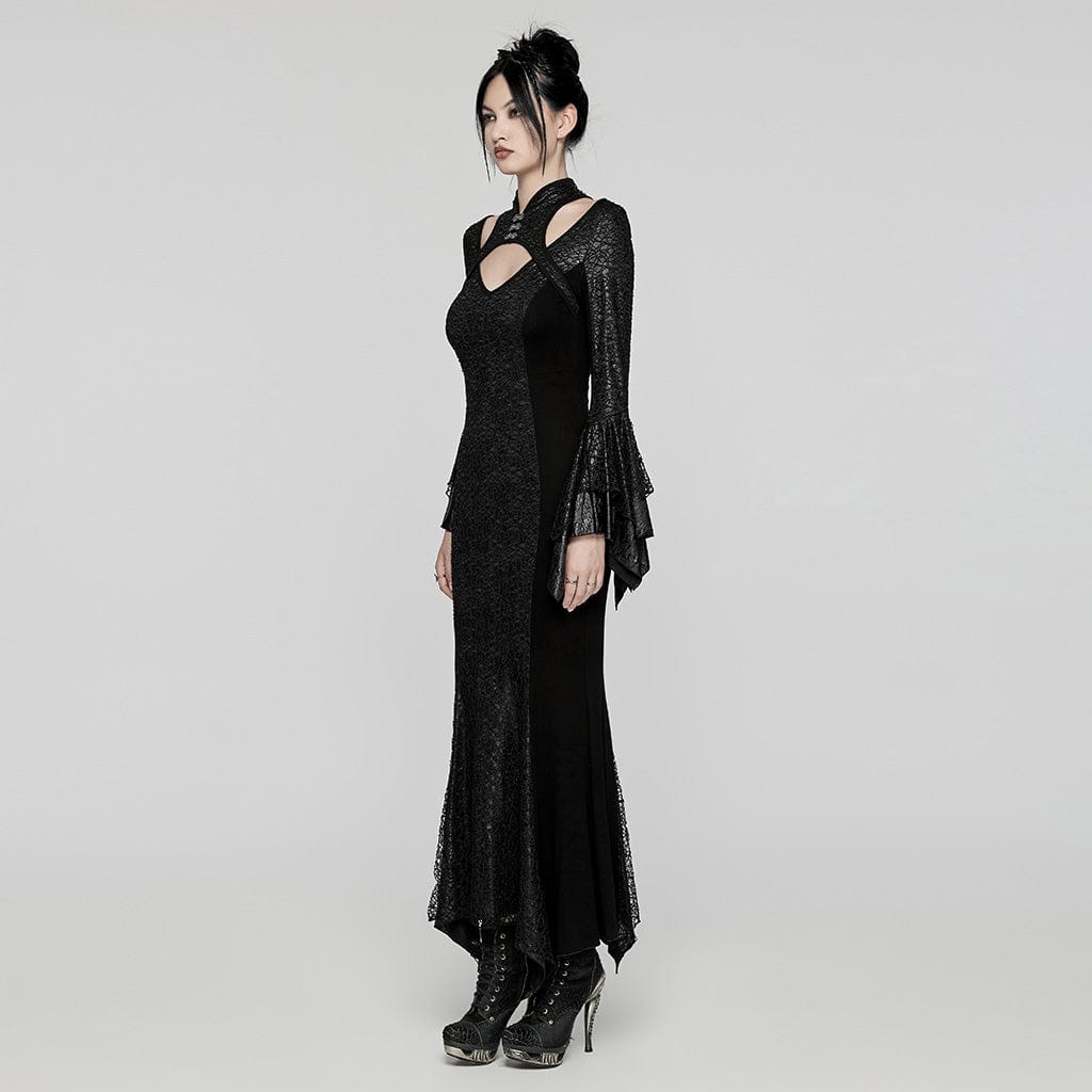 PUNK RAVE Women's Gothic Cheongsam Collar Fishtailed Gown Dress Black