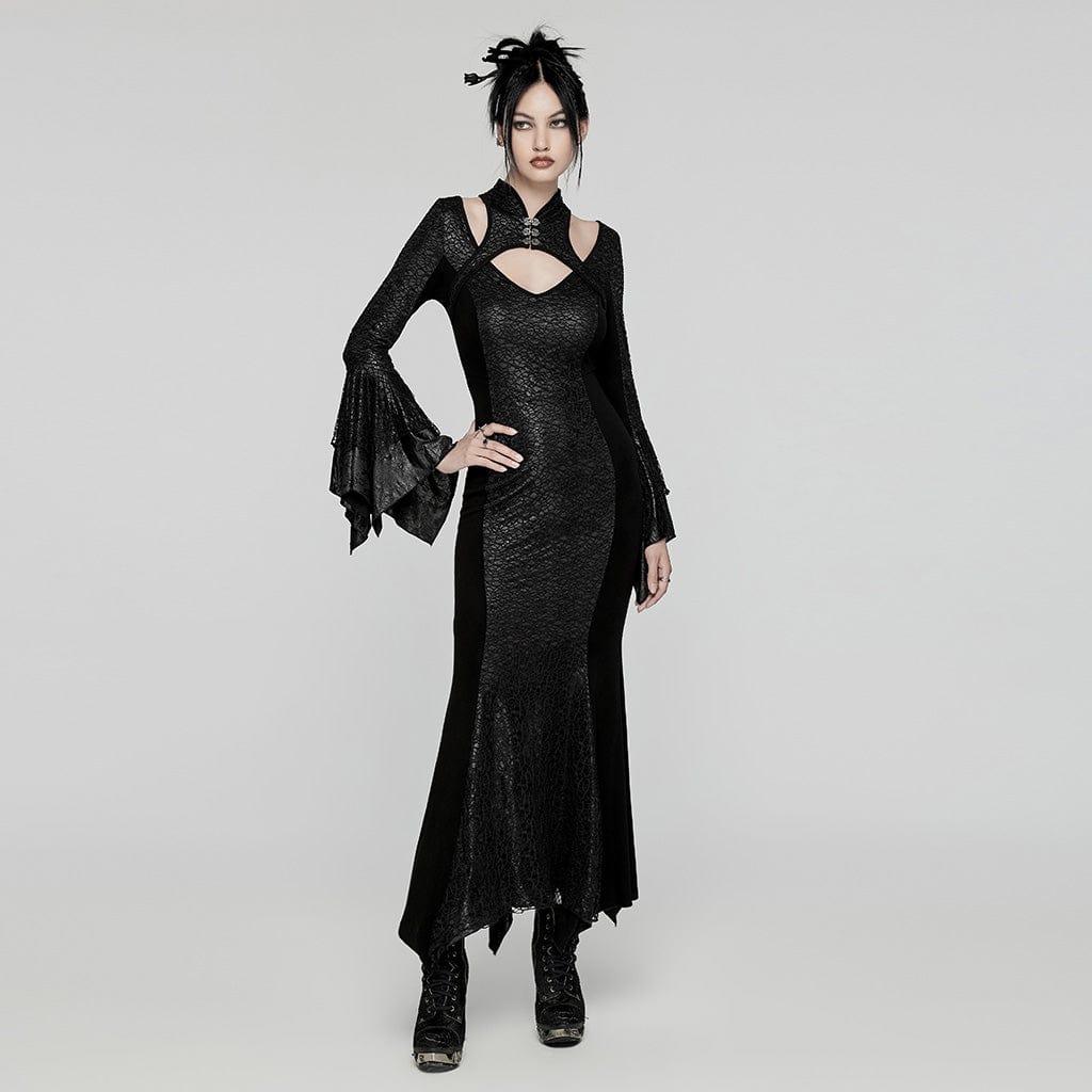 PUNK RAVE Women's Gothic Cheongsam Collar Fishtailed Gown Dress Black