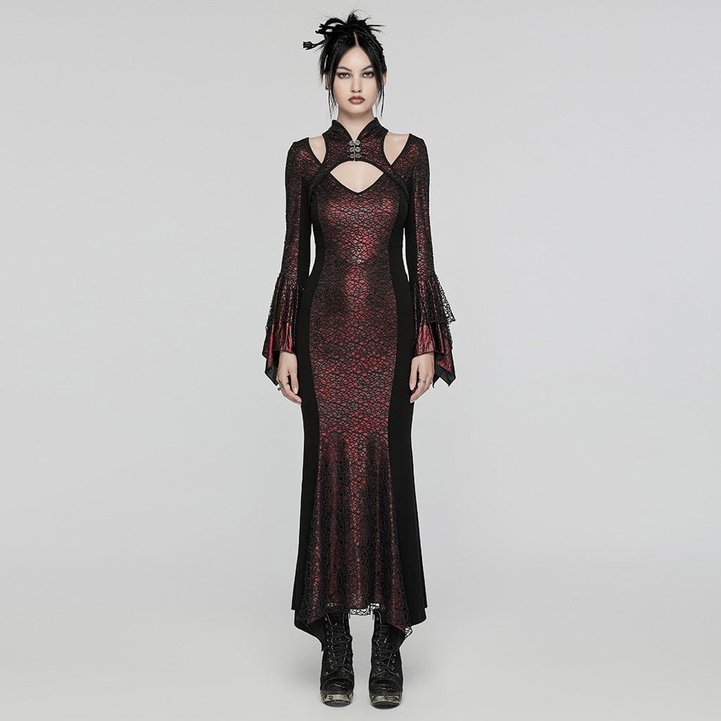 PUNK RAVE Women's Gothic Cheongsam Collar Fishtailed Gown Dress Red