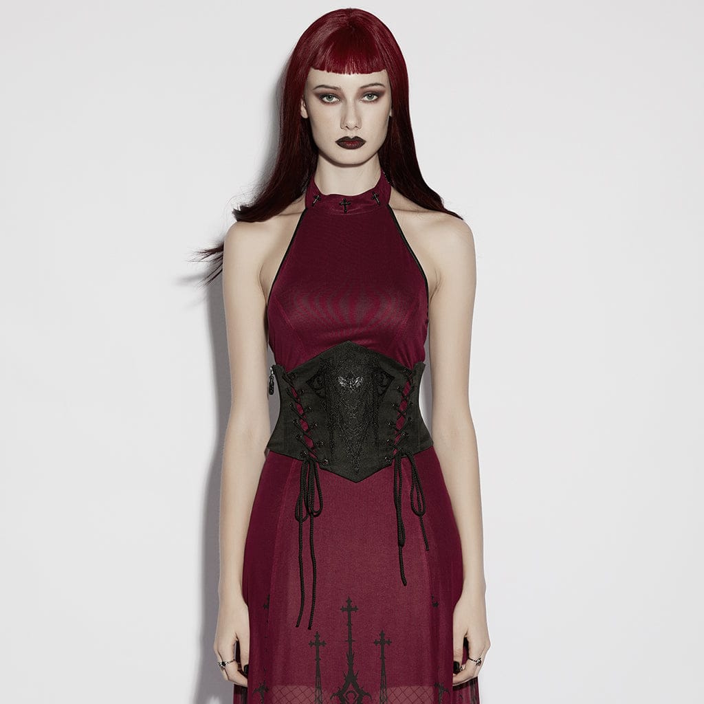 PUNK RAVE Women's Gothic Church Embroidered Hawk-moth Lace-up Underbust Corset