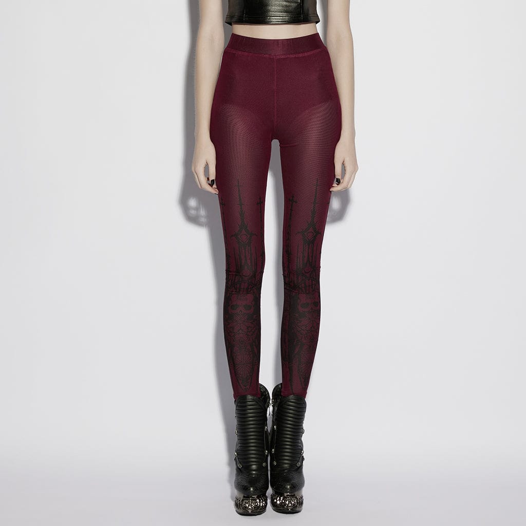 PUNK RAVE Women's Gothic Church Skull Printed Leggings