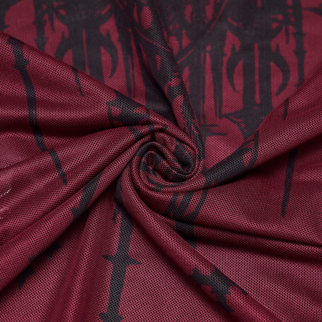 PUNK RAVE Women's Gothic Church Skull Printed Off Shoulder Mesh Top