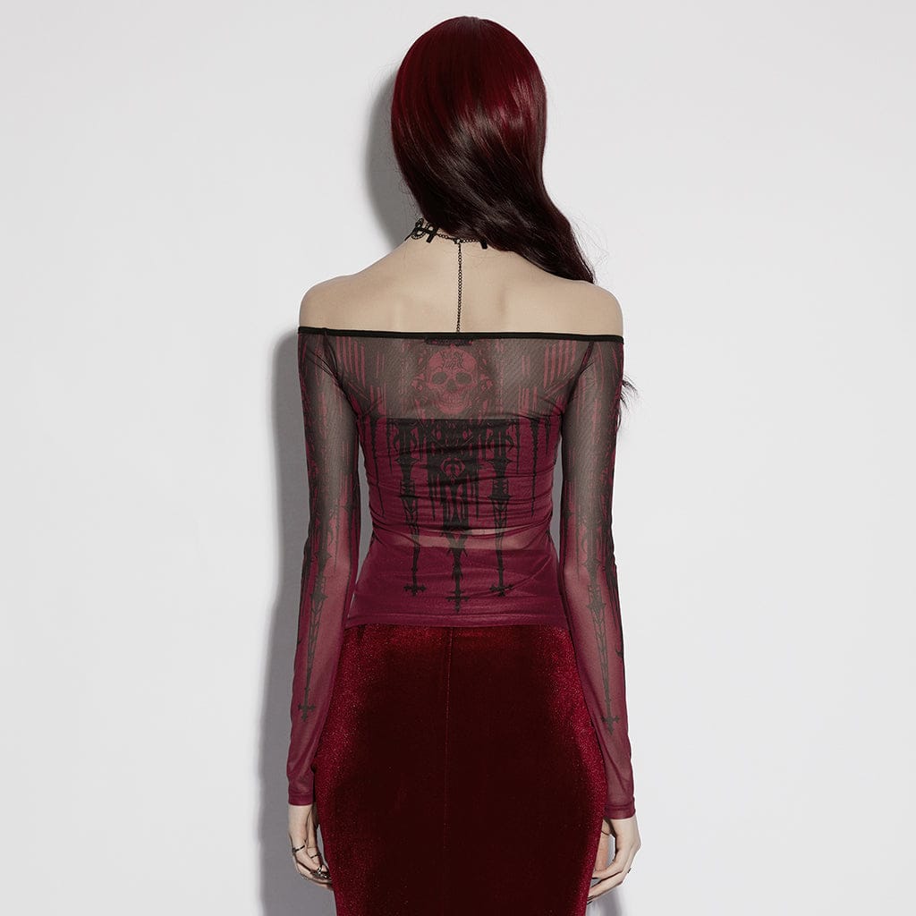 PUNK RAVE Women's Gothic Church Skull Printed Off Shoulder Mesh Top