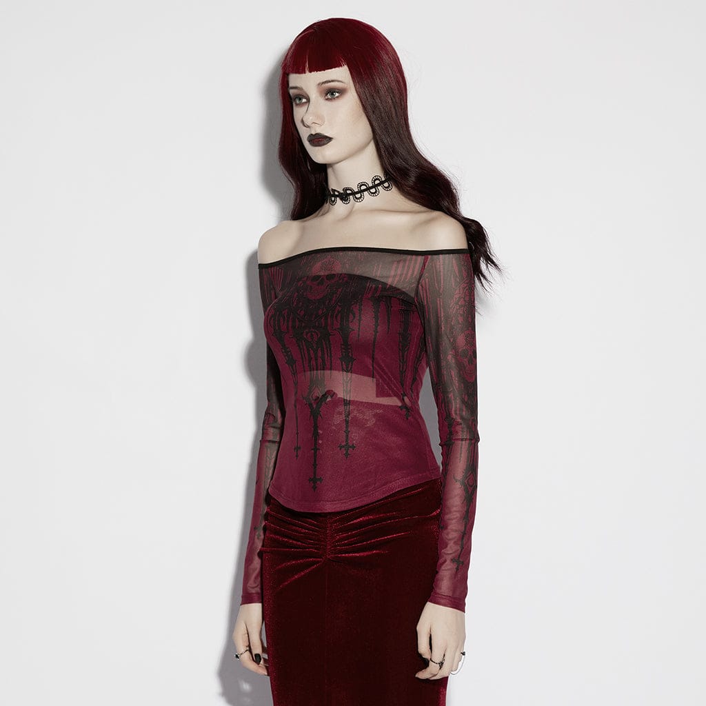 PUNK RAVE Women's Gothic Church Skull Printed Off Shoulder Mesh Top
