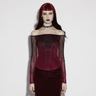 PUNK RAVE Women's Gothic Church Skull Printed Off Shoulder Mesh Top