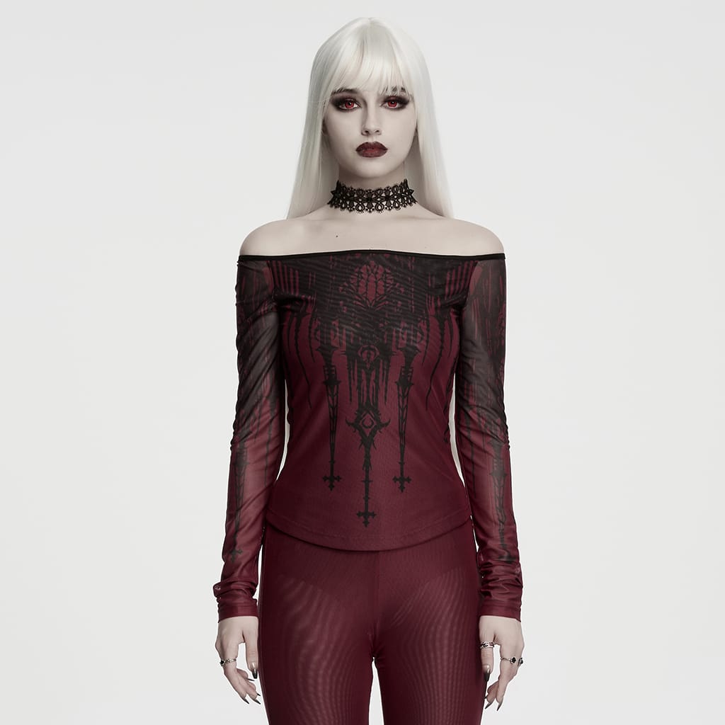 PUNK RAVE Women's Gothic Church Skull Printed Off Shoulder Mesh Top