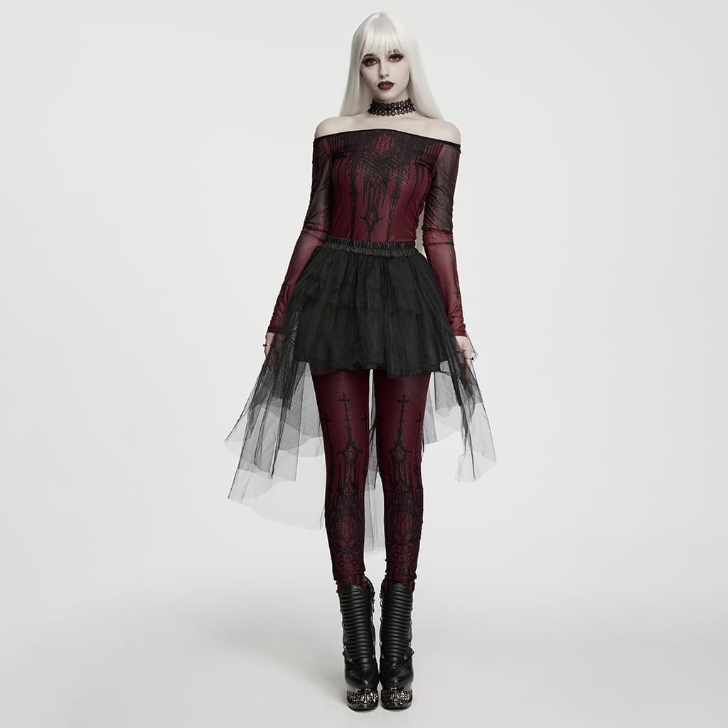 PUNK RAVE Women's Gothic Church Skull Printed Off Shoulder Mesh Top