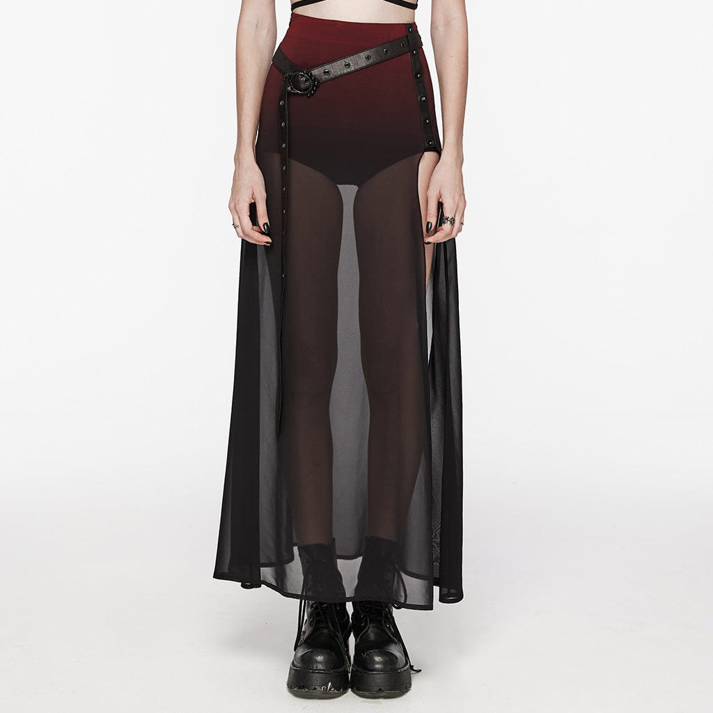 PUNK RAVE Women's Gothic Color Gradient Split Chiffon Skirt with Belt