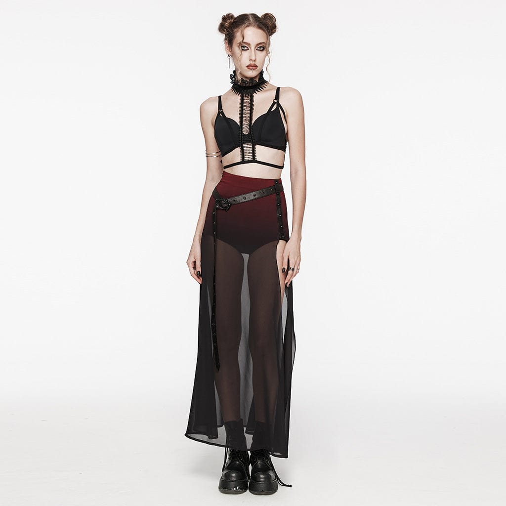 PUNK RAVE Women's Gothic Color Gradient Split Chiffon Skirt with Belt