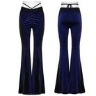 PUNK RAVE Women's Gothic Contrast Color Drawstring Velvet Flared Pants Blue