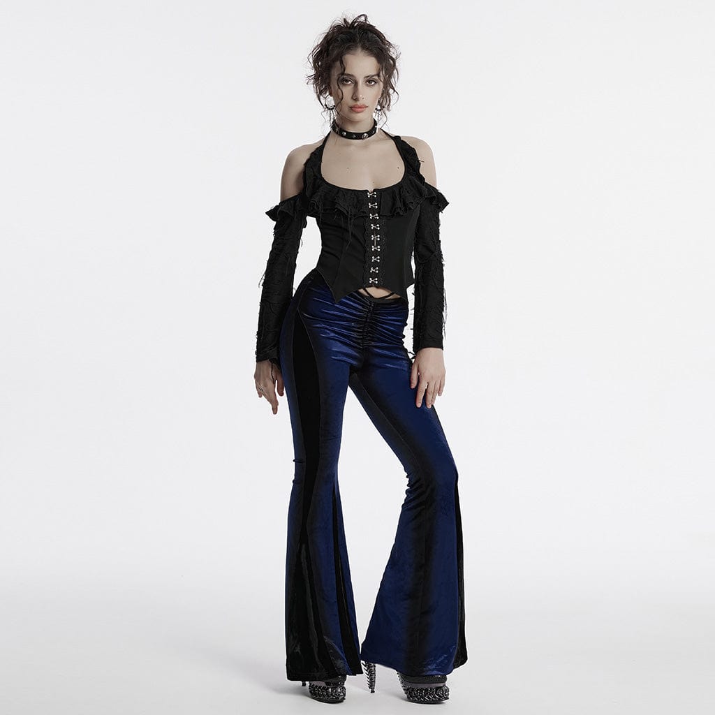 PUNK RAVE Women's Gothic Contrast Color Drawstring Velvet Flared Pants Blue