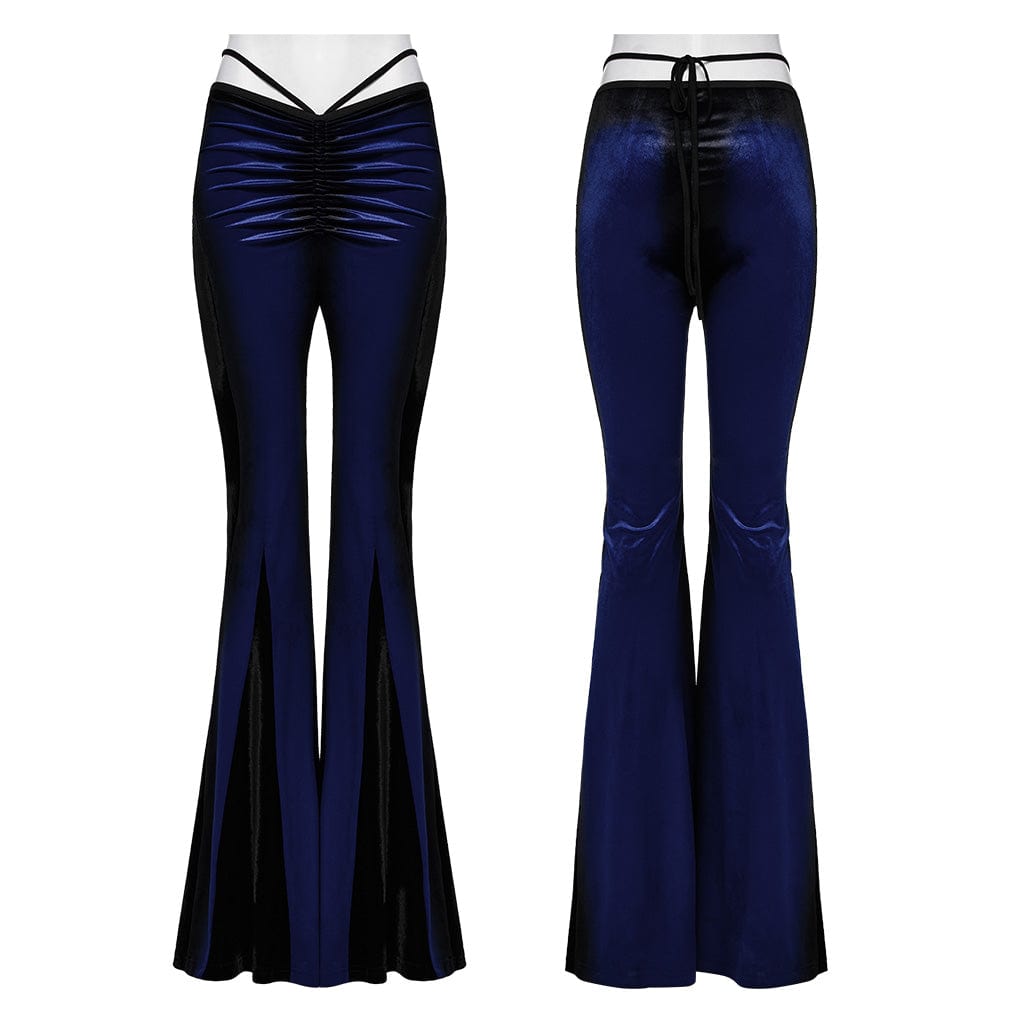 PUNK RAVE Women's Gothic Contrast Color Drawstring Velvet Flared Pants Blue